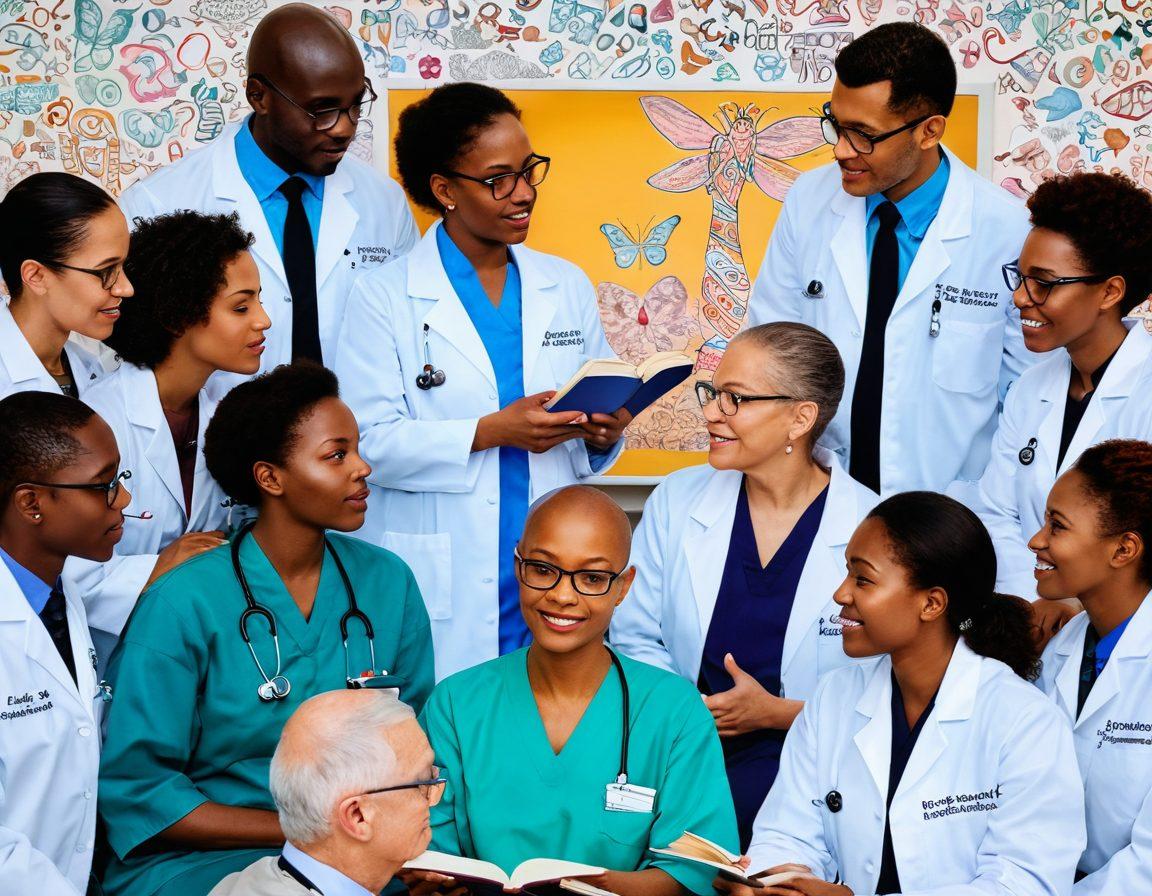 A powerful image depicting a diverse group of oncologists and cancer patients engaging in a supportive discussion. The oncologists are showcasing a board filled with medical insights, while the patients express hope and understanding. Incorporate elements symbolizing knowledge, such as books and brain icons, intertwined with symbols of resilience like ribbons and butterflies. The background should reflect warmth with soft, uplifting colors conveying a sense of community and empowerment. super-realistic. vibrant colors. soft background.