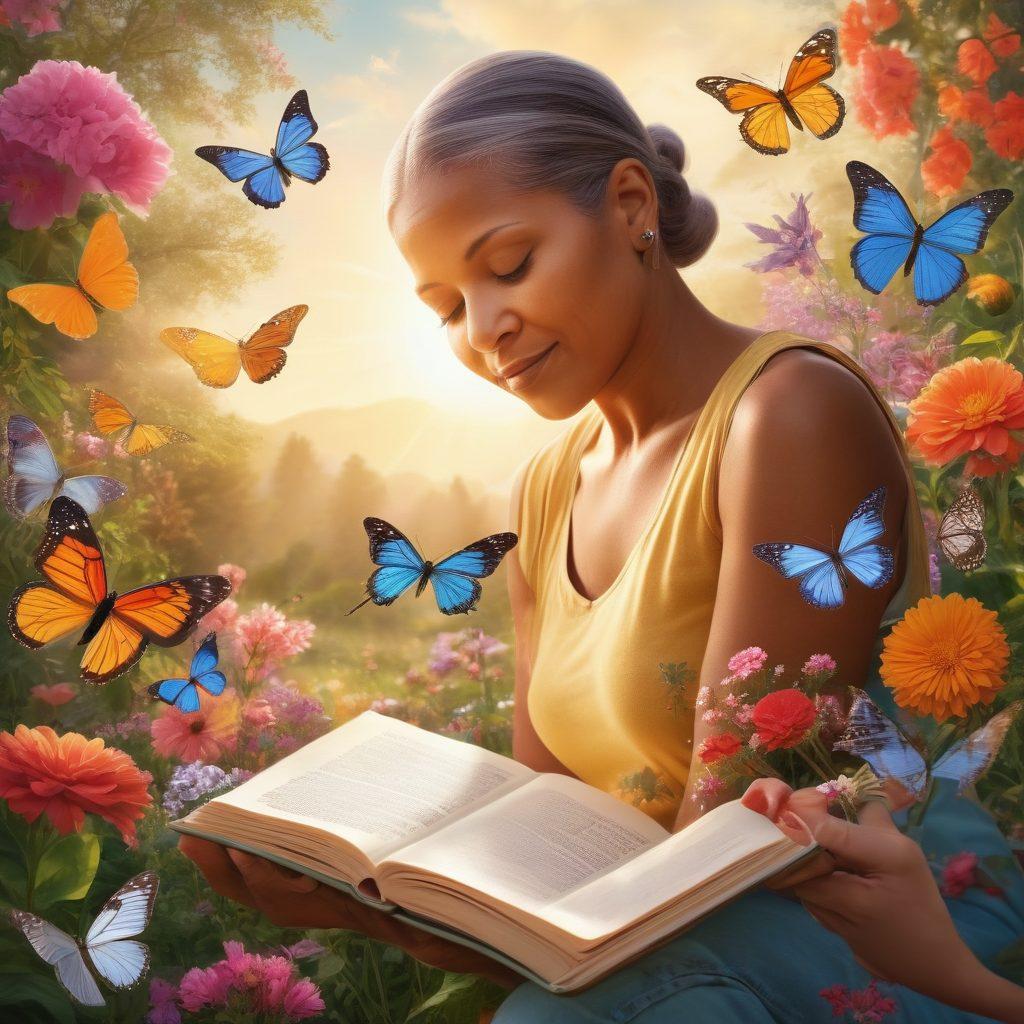 A collage depicting diverse cancer survivors sharing their powerful stories, set against a backdrop of healing nature, bright sunlight, and supportive community. Include symbols of hope, such as butterflies and blooming flowers, along with elements of personal triumph, like journals and hands joined in solidarity. The scene should convey resilience, warmth, and inspiration. super-realistic. vibrant colors. uplifting atmosphere.